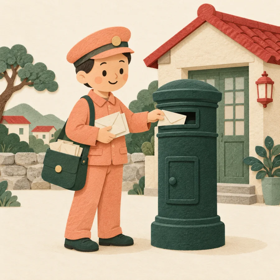 A postman putting letters into a deep ink green mailbox