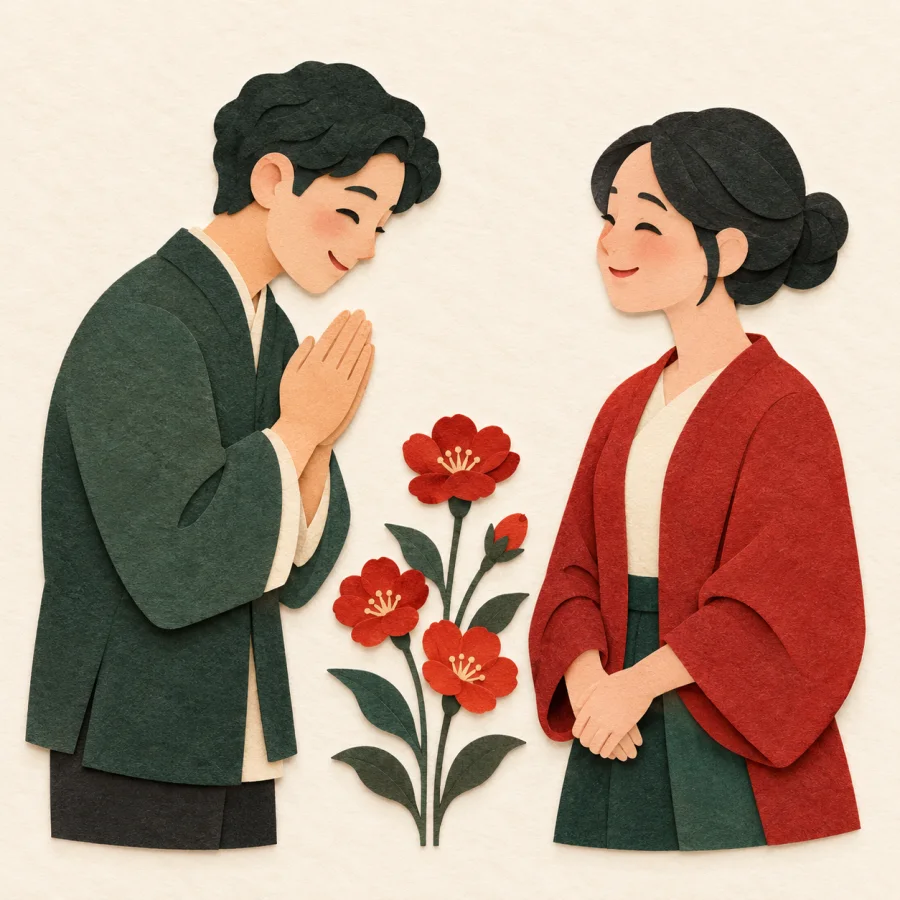 One person clasping hands in thanks while the other smiles warmly