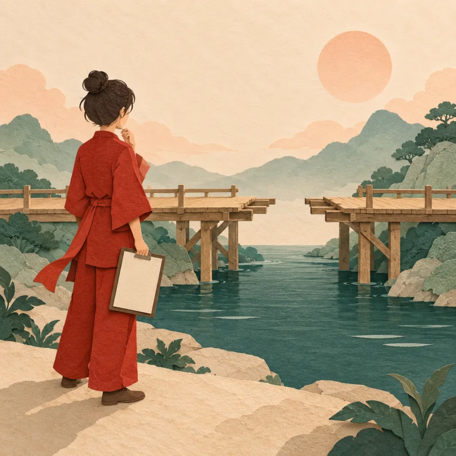A person with a clipboard looks at an unfinished bridge