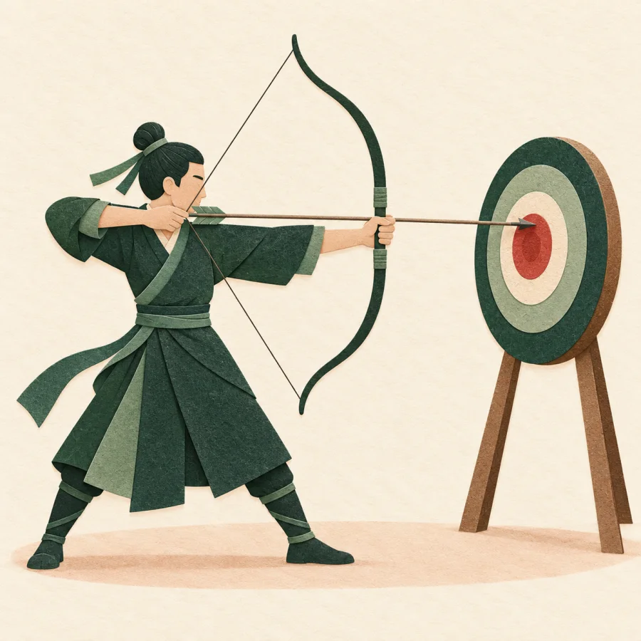 An archer aims a bow at the center of a target