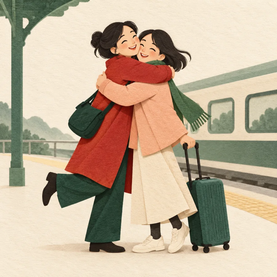 Two people hug at a station, one holding a suitcase