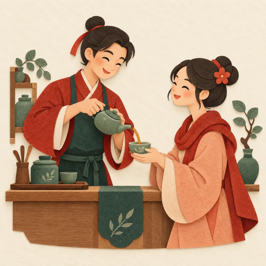 A smiling shopkeeper offers tea to a customer
