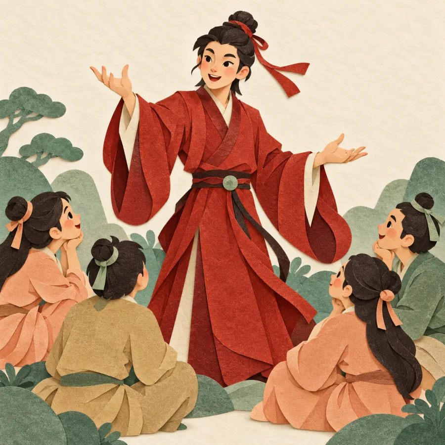 A storyteller gestures before attentively listening people