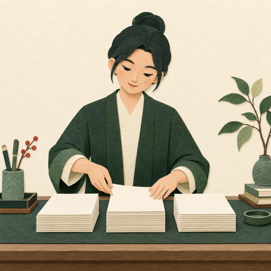 A person neatly arranging papers into even rows on a desk