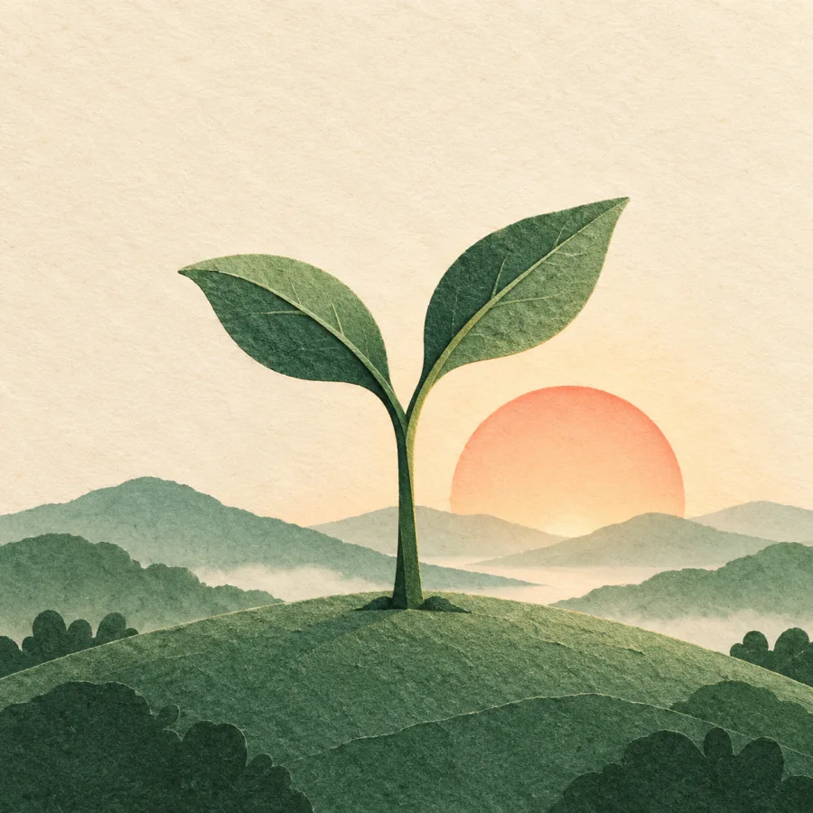 A small seedling stretches toward a rising sun on the horizon