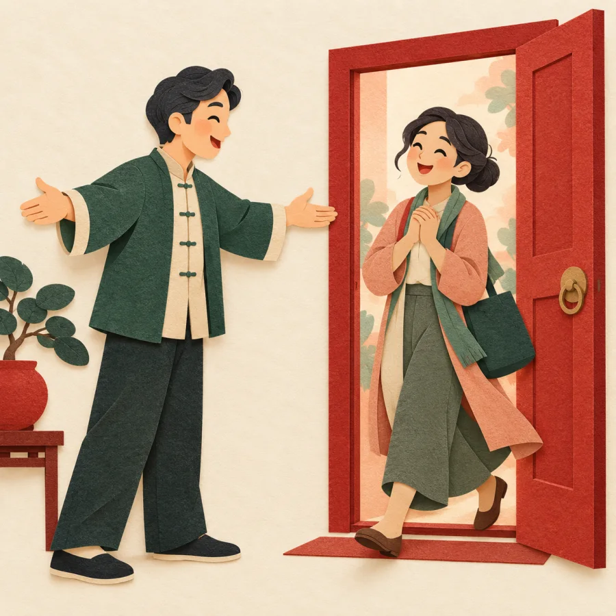 A smiling host welcomes a guest through an open doorway