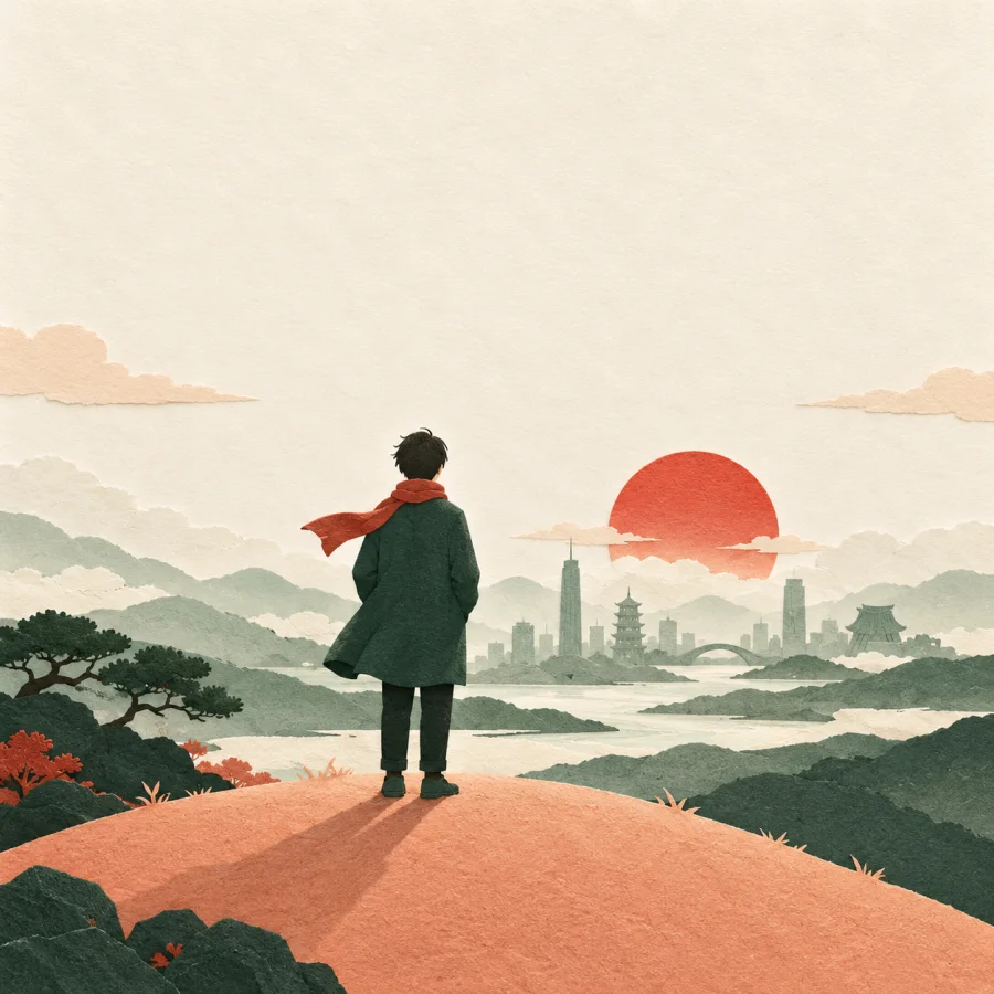 A person on a hill gazes at a distant city under a rising sun
