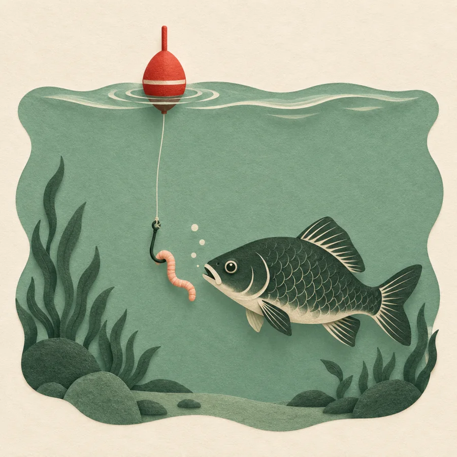 A fish approaches a baited hook near a red fishing float