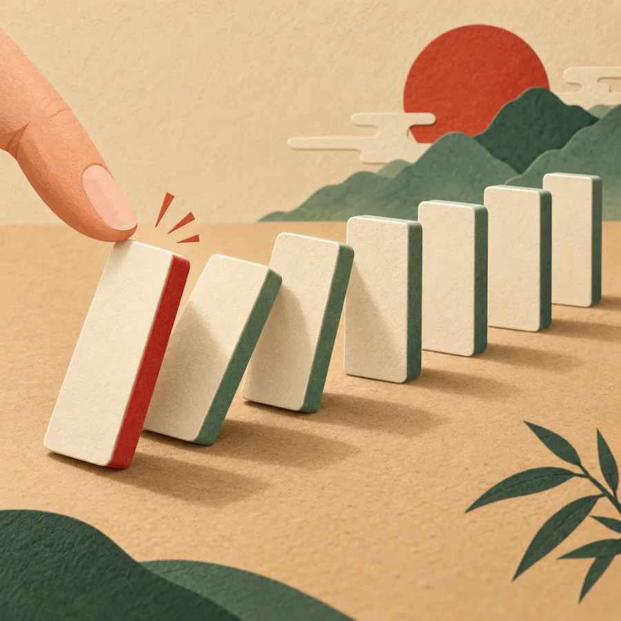 A finger tips the first domino in a chain of falling tiles