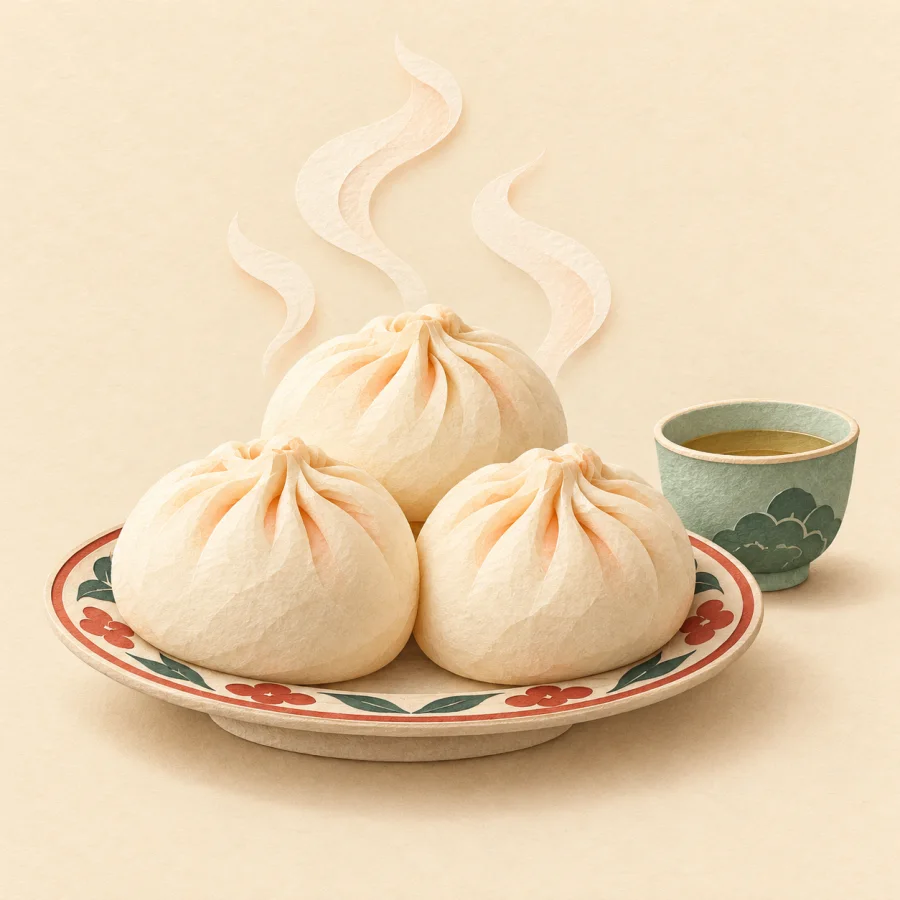 Steaming appetizing buns on a plate beside a teacup