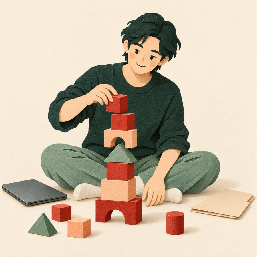 An adult sits on the floor building a tower of toy blocks