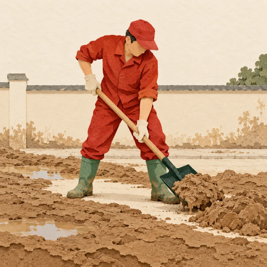A worker shoveling thick silt off a flooded street