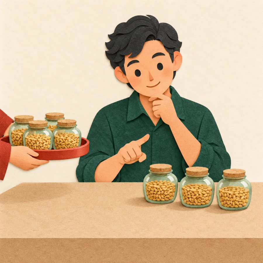A person counting leftover grain jars on a table