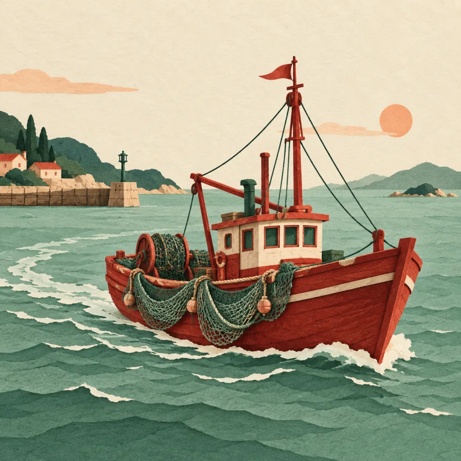 A red fishing boat with nets sailing out of a harbor