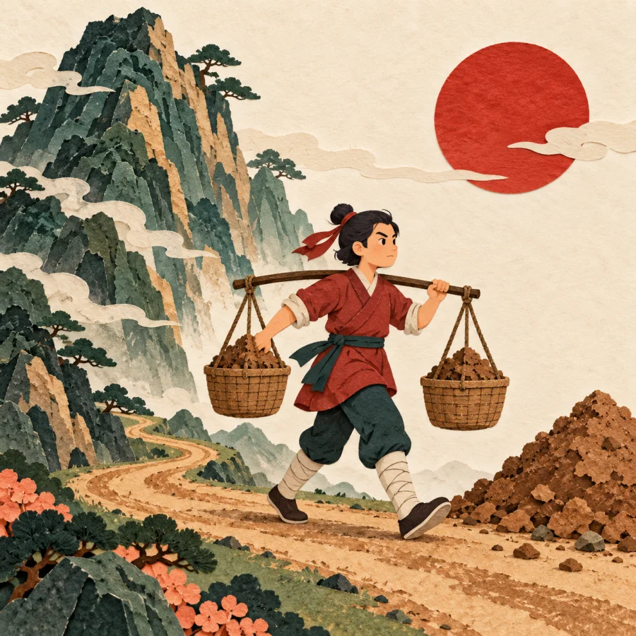 A person carries baskets of earth away from a huge mountain