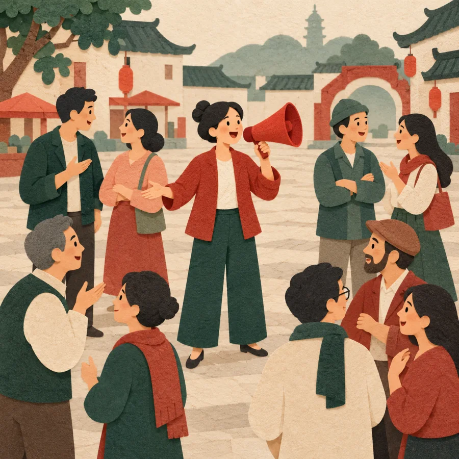 A crowd talks in a town square while one person speaks through a megaphone