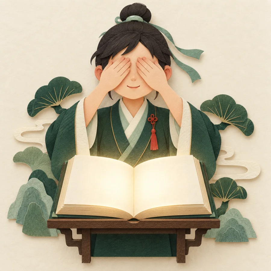 A person covers their eyes with both hands before a glowing open book