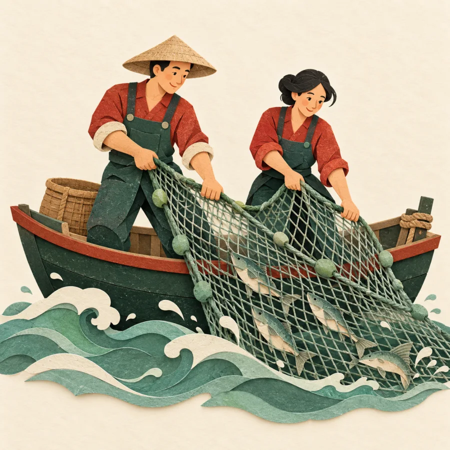 Two people pull a large fishing net from a small boat on waves