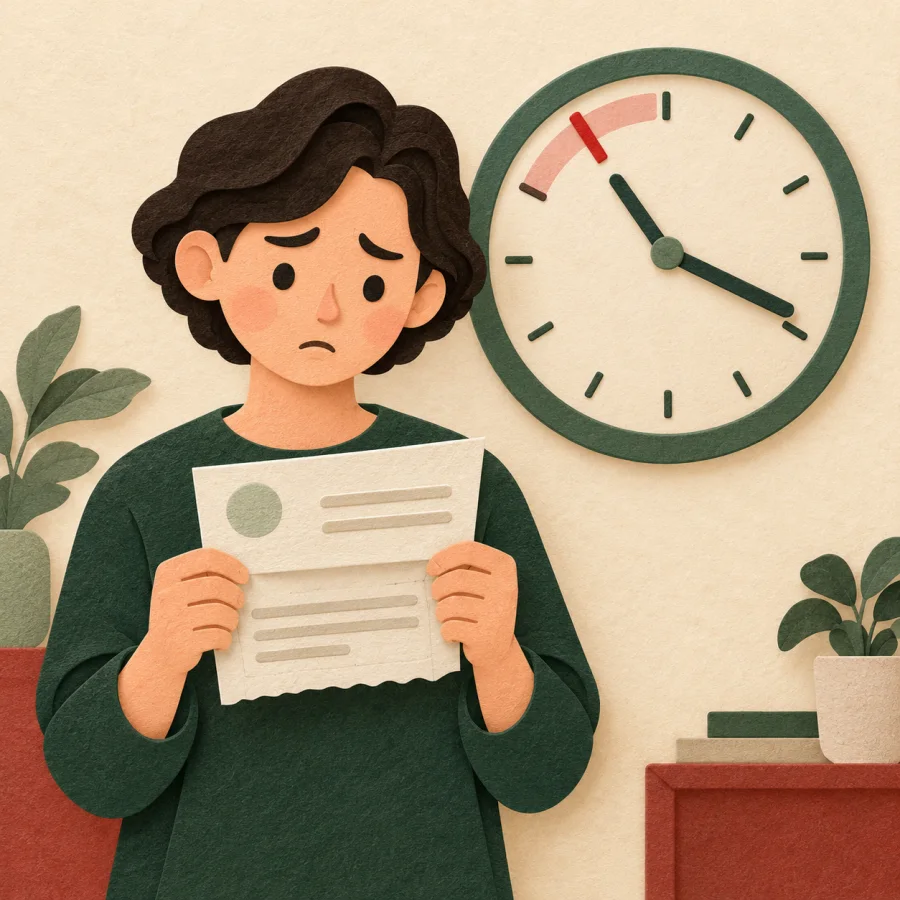 A worried person holds a paper bill next to a large wall clock