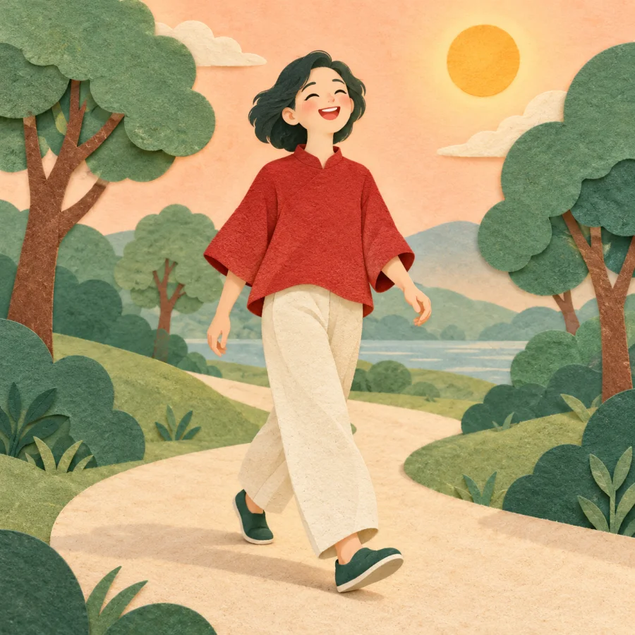 A person smiles with joy walking under soft peach skies in a park