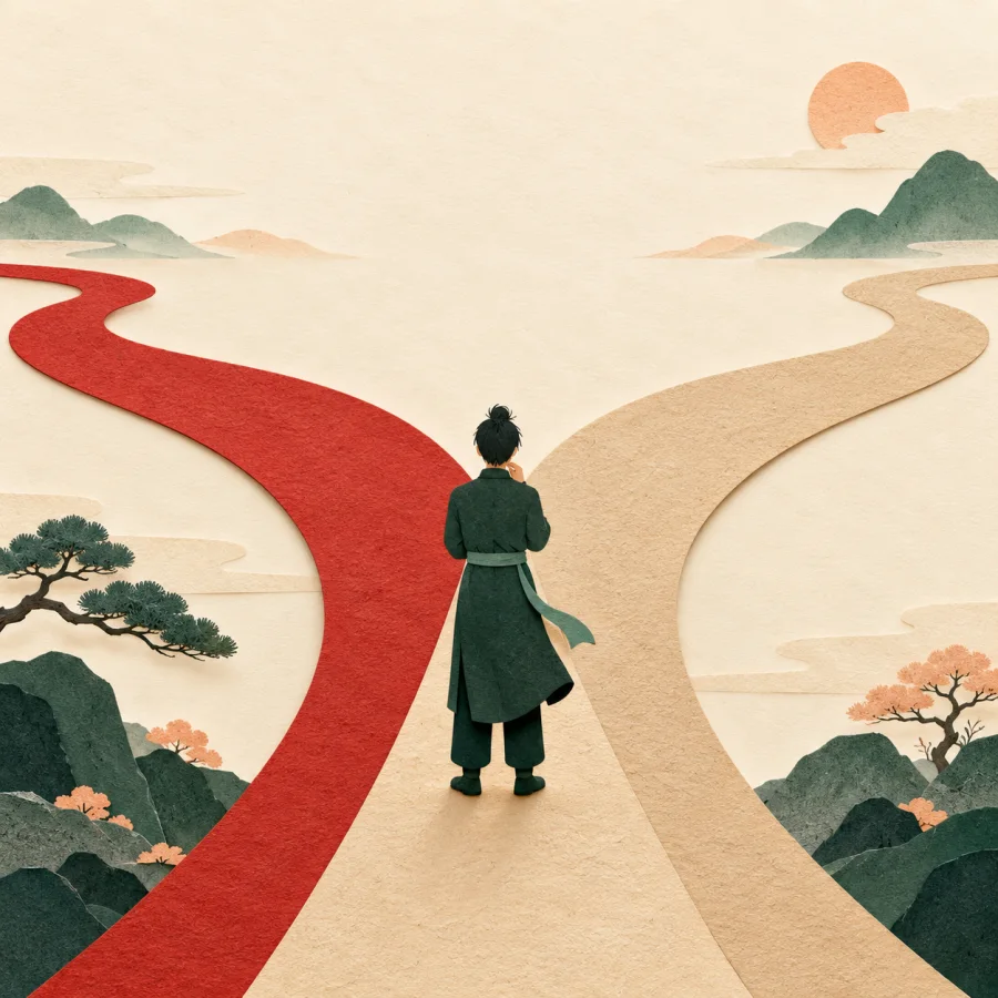 A person weighs two roads at a fork, one red and one sandy
