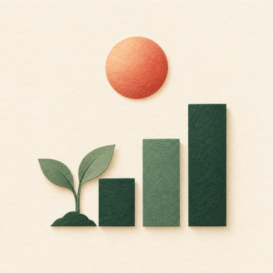 Sprout beside three ever taller green bars and a small sun