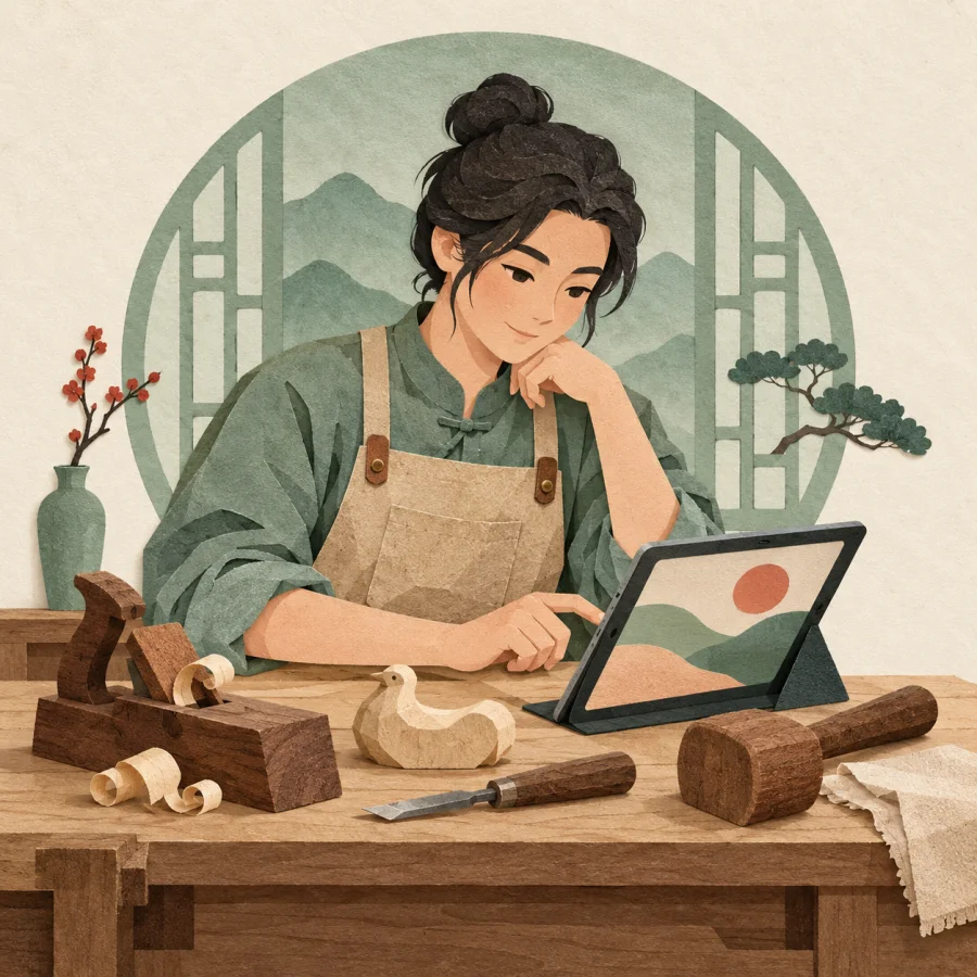 A craftsman uses a tablet beside old traditional craft tools