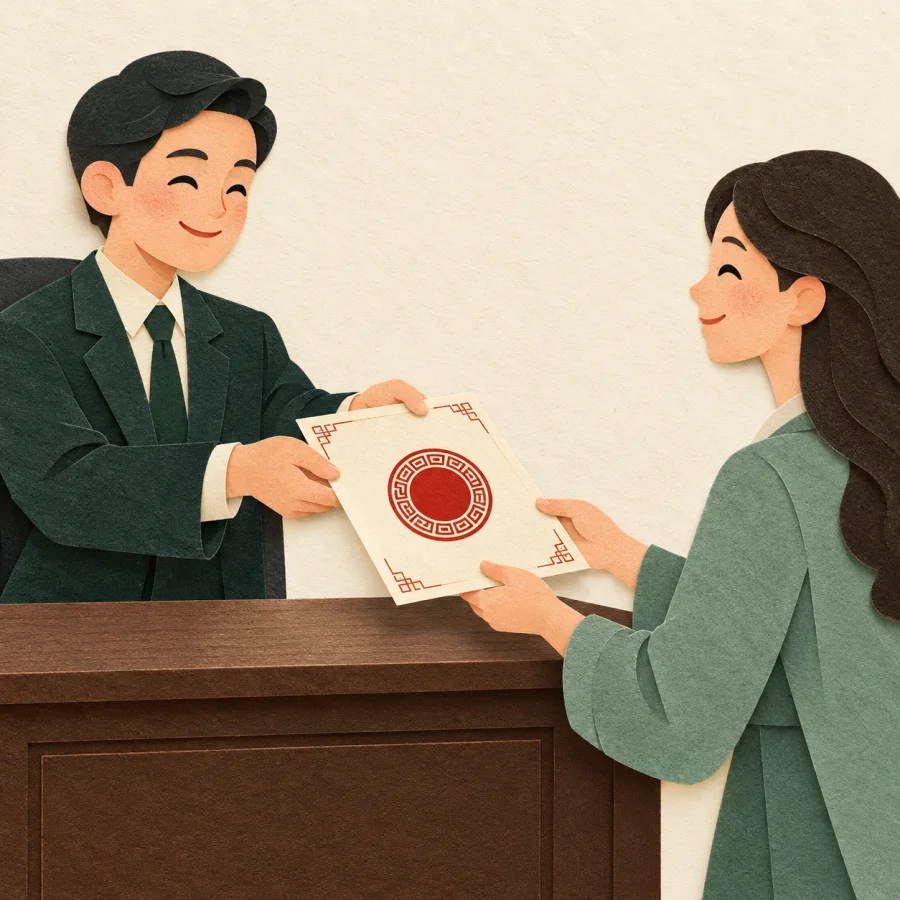 An official hands a stamped document to a smiling applicant