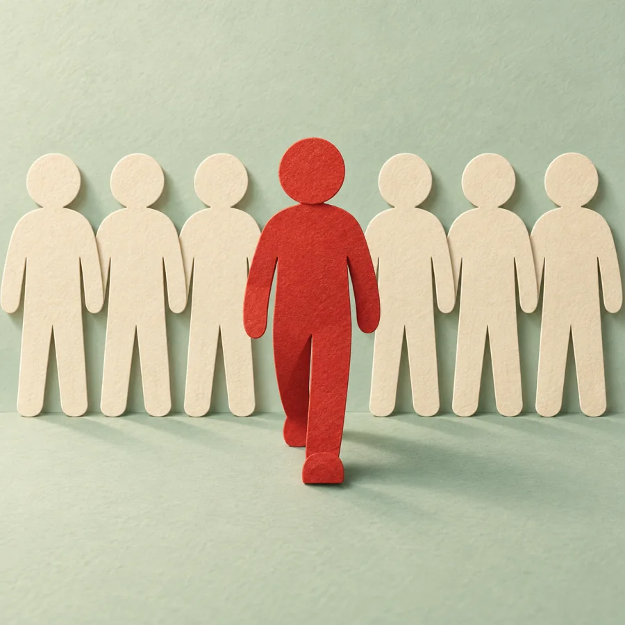 One red figure stands out from a row of identical cream figures