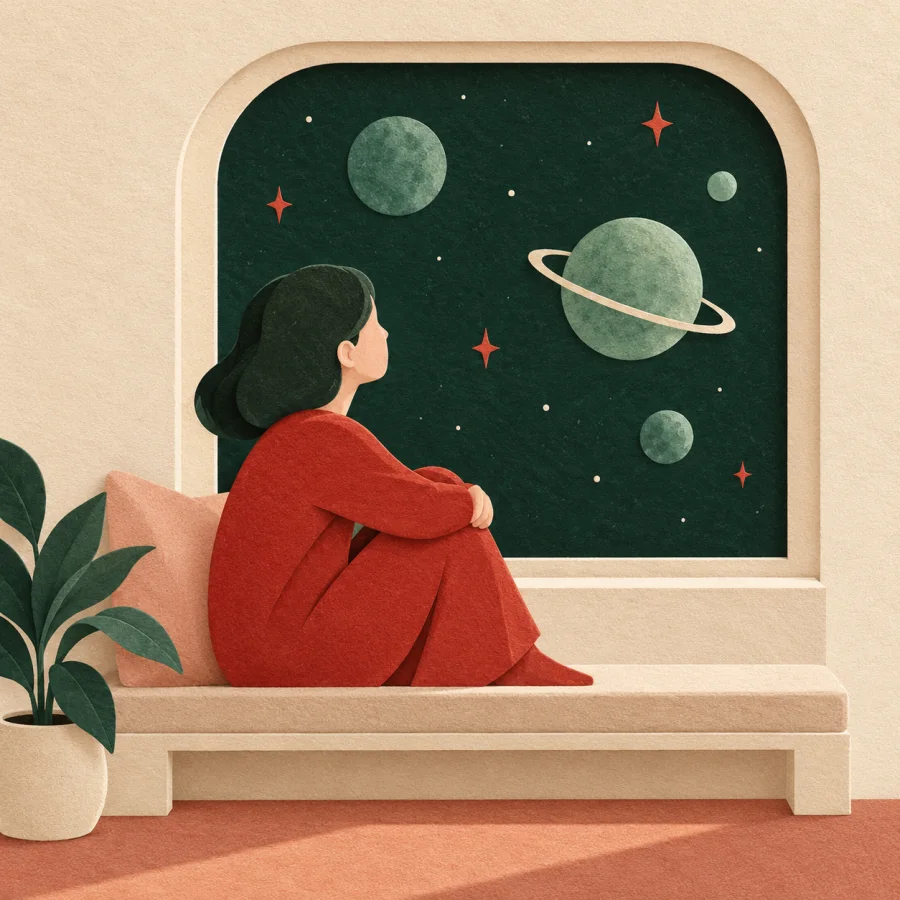 A person looks out a window at planets and stars