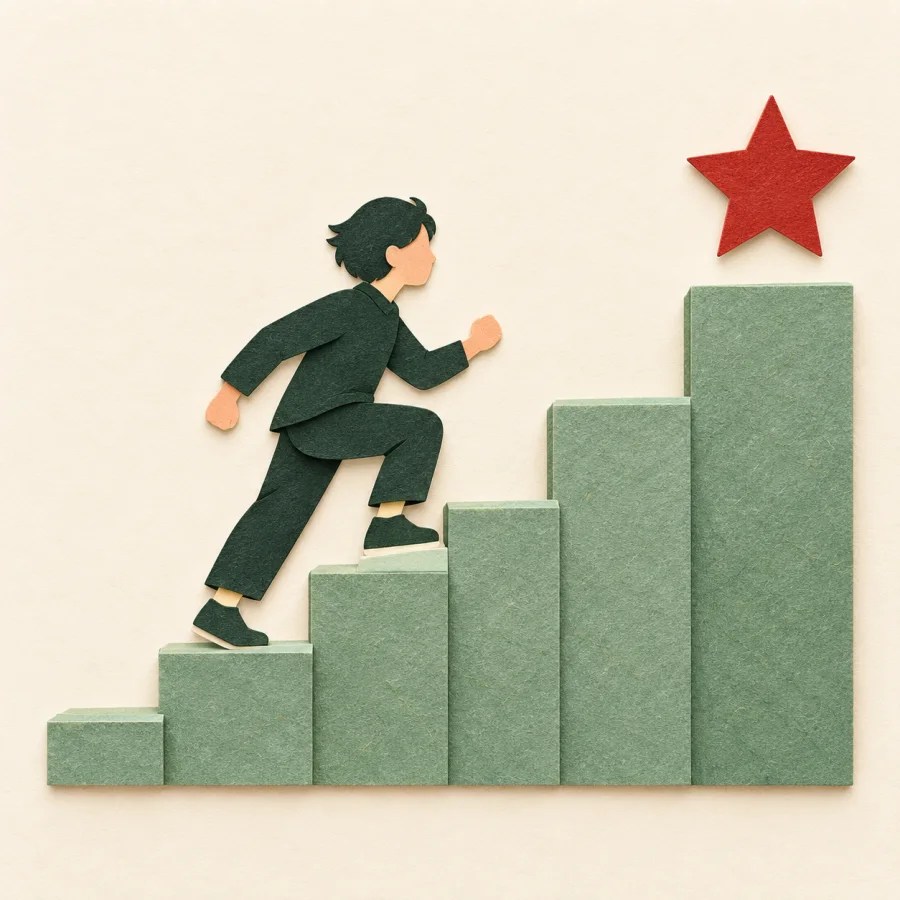 A person climbs stairs that grow taller with each step