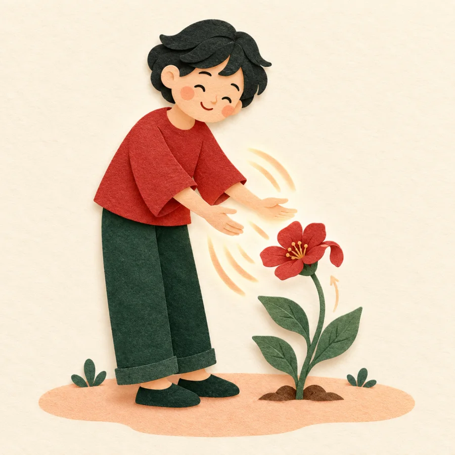 A smiling person warms a reviving flower with rays