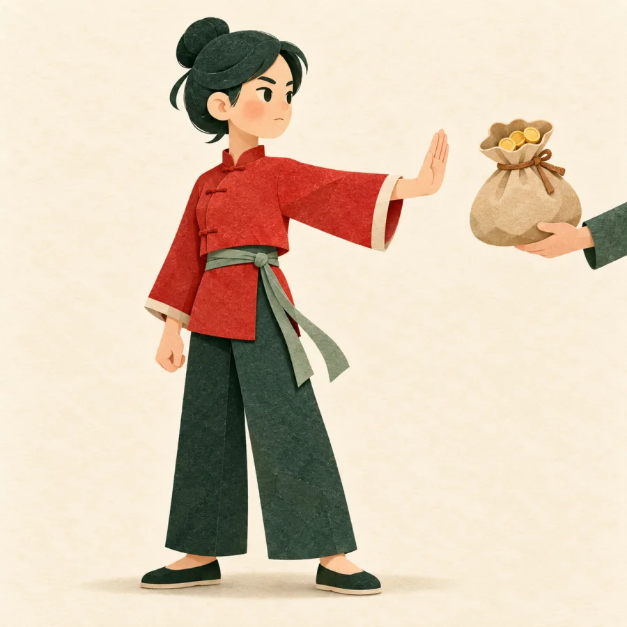 An upright figure pushes away a bag of coins