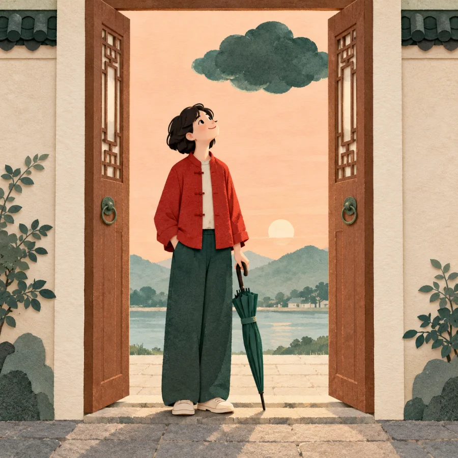 A person at a doorway holds an umbrella, watching a dark cloud gather