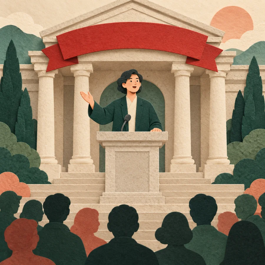 A figure on a podium addresses a crowd before a stone government hall