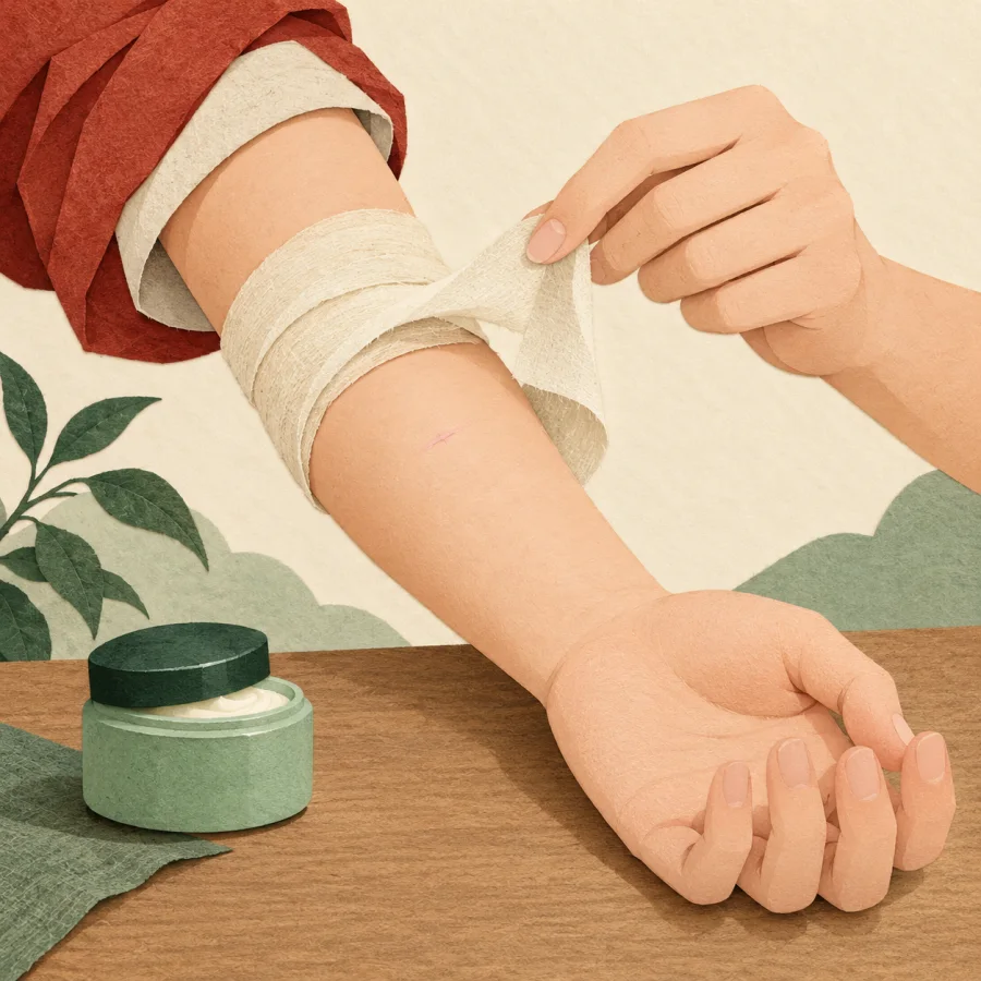 A person gently unwraps a bandage from a nearly healed arm