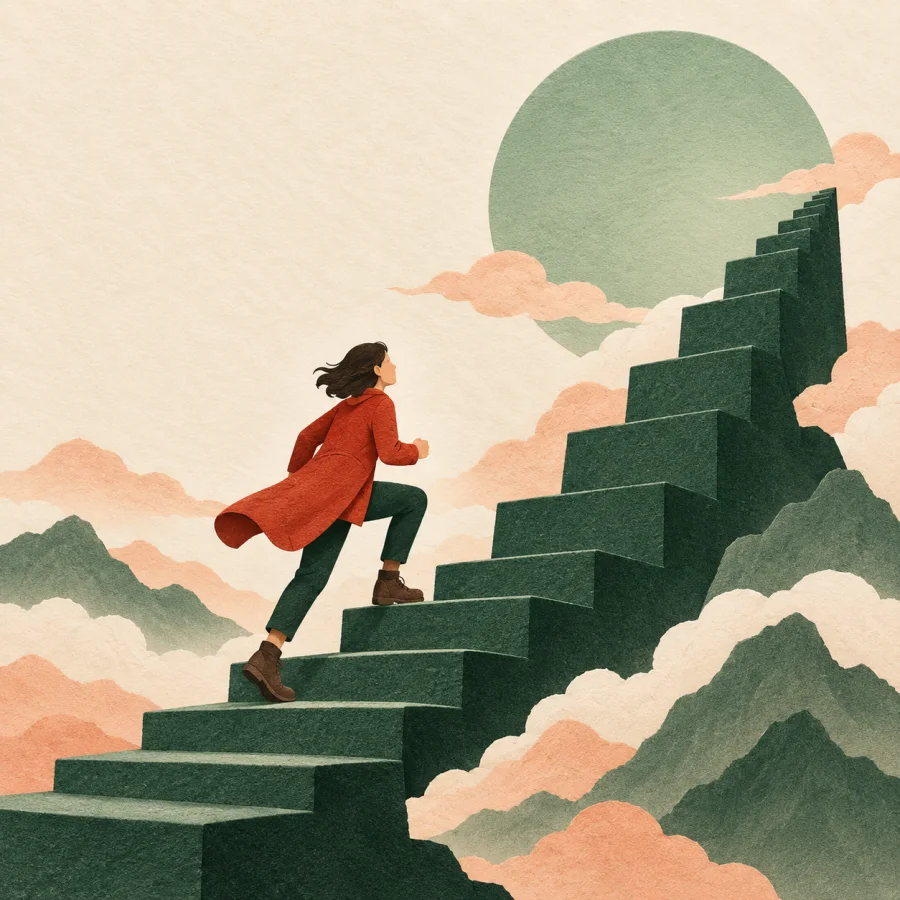 A person climbs a growing staircase with a large sun behind