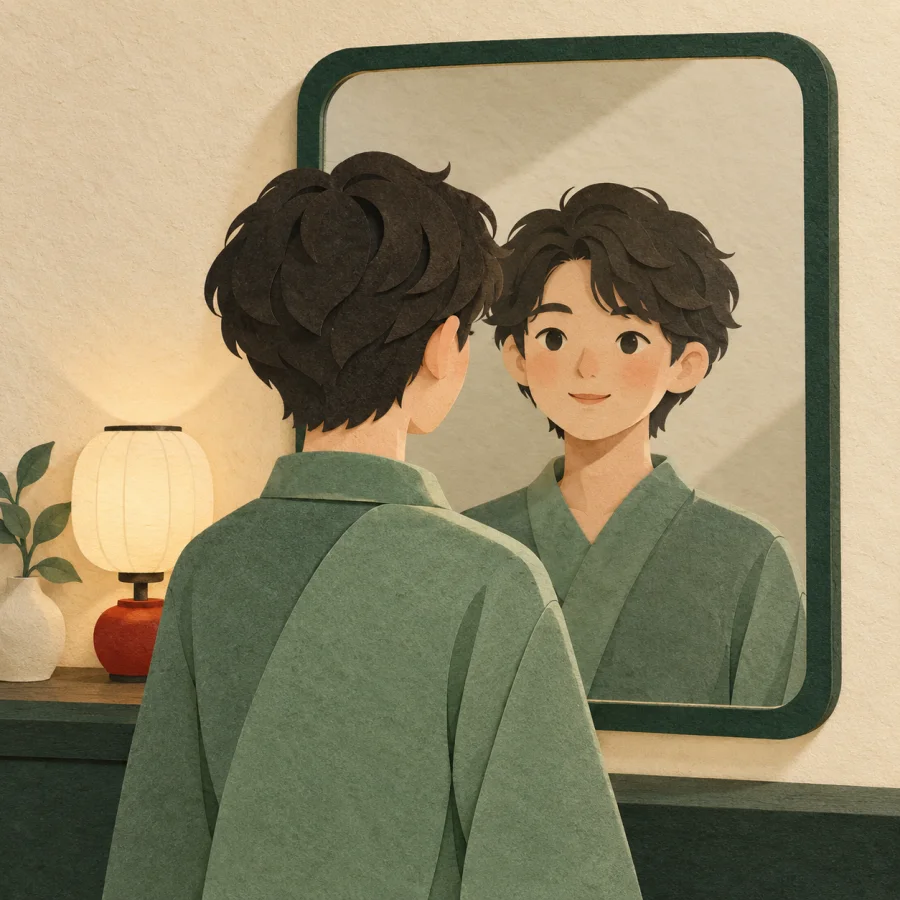 A person looks straight at their reflection