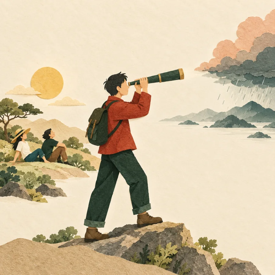 A person looks through a telescope at distant storm clouds