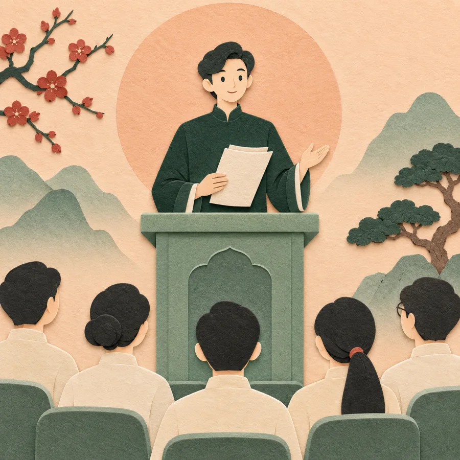 A person reads a statement at a podium before listeners