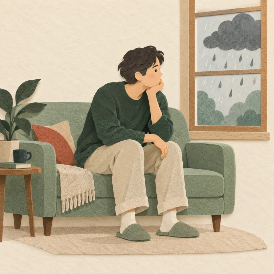 A sad person sits on a sofa beside a rainy window