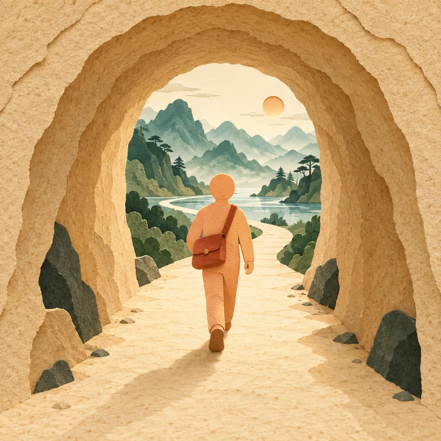 Eine reisende Person geht durch einen Tunnel