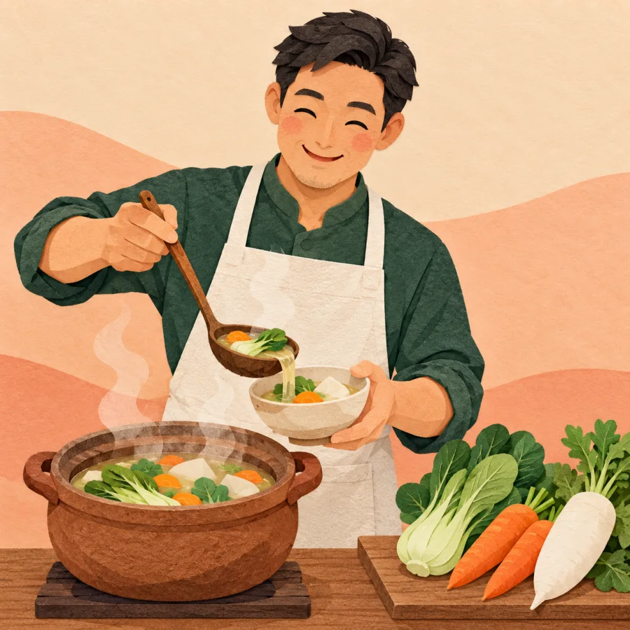 A cook ladles traditional steaming soup into a bowl