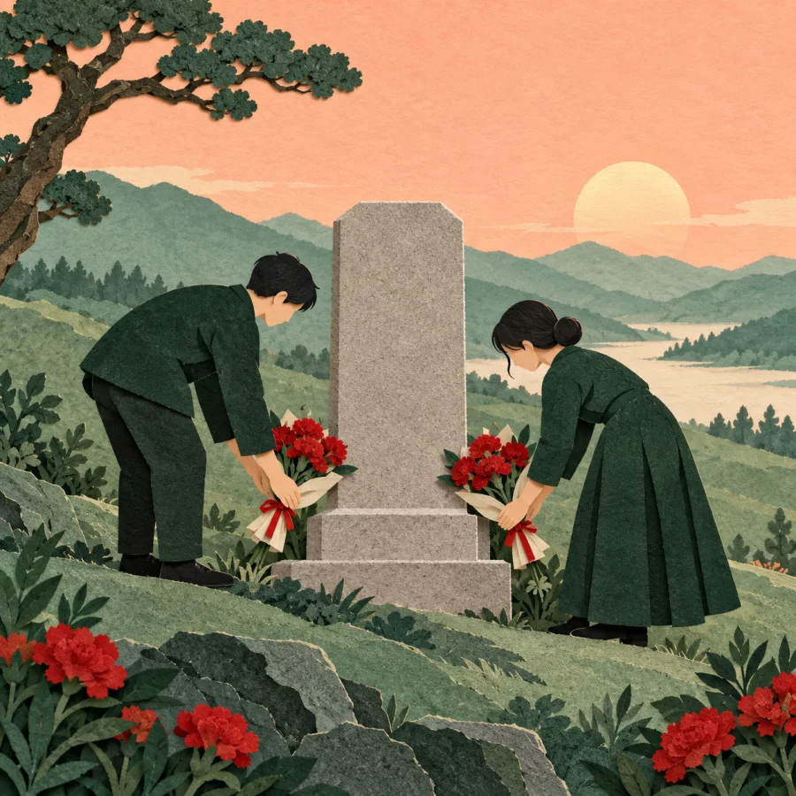 Visitors lay flowers before a stone monument on a hillside