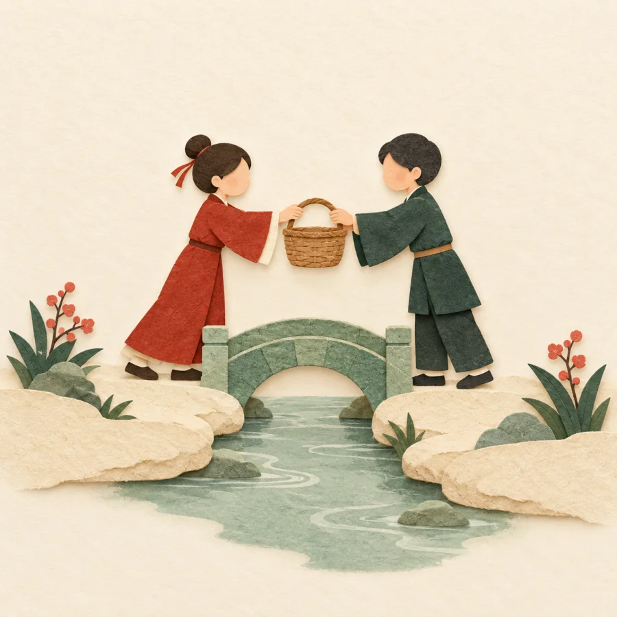 A stone bridge connects two banks where one person hands a basket to another