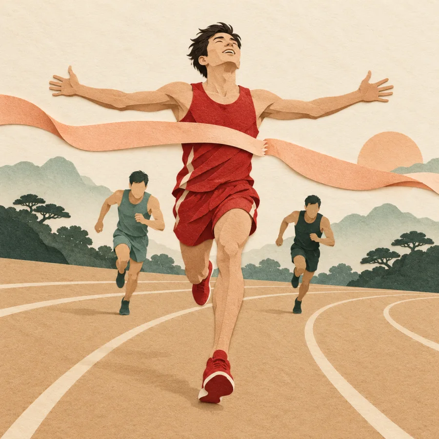 A runner crosses a red ribbon line ahead of the other runners on a track