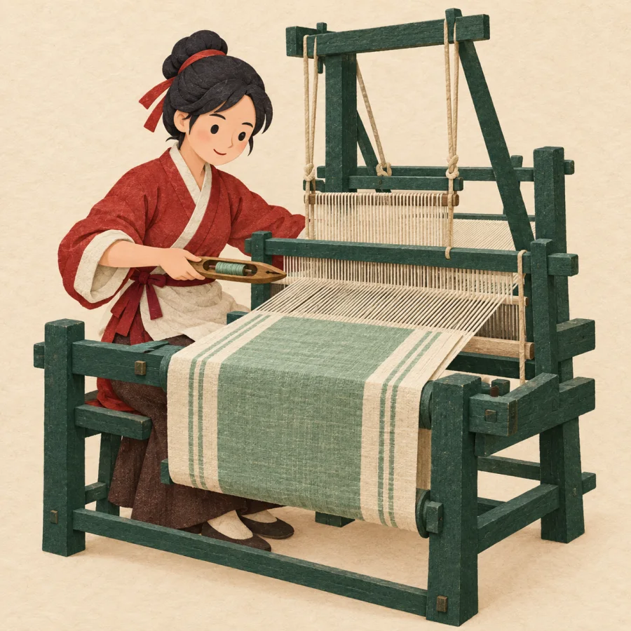 A person weaves cloth on a traditional wooden loom, passing a shuttle