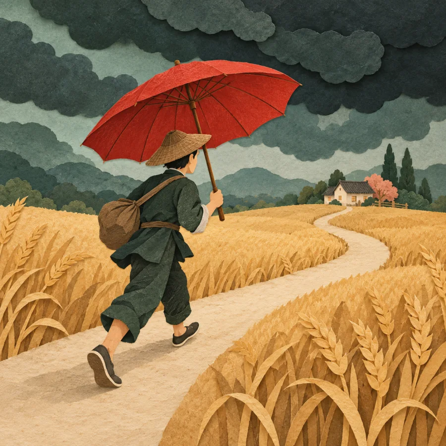Dark clouds gather over a field as a farmer hurries home with a red umbrella