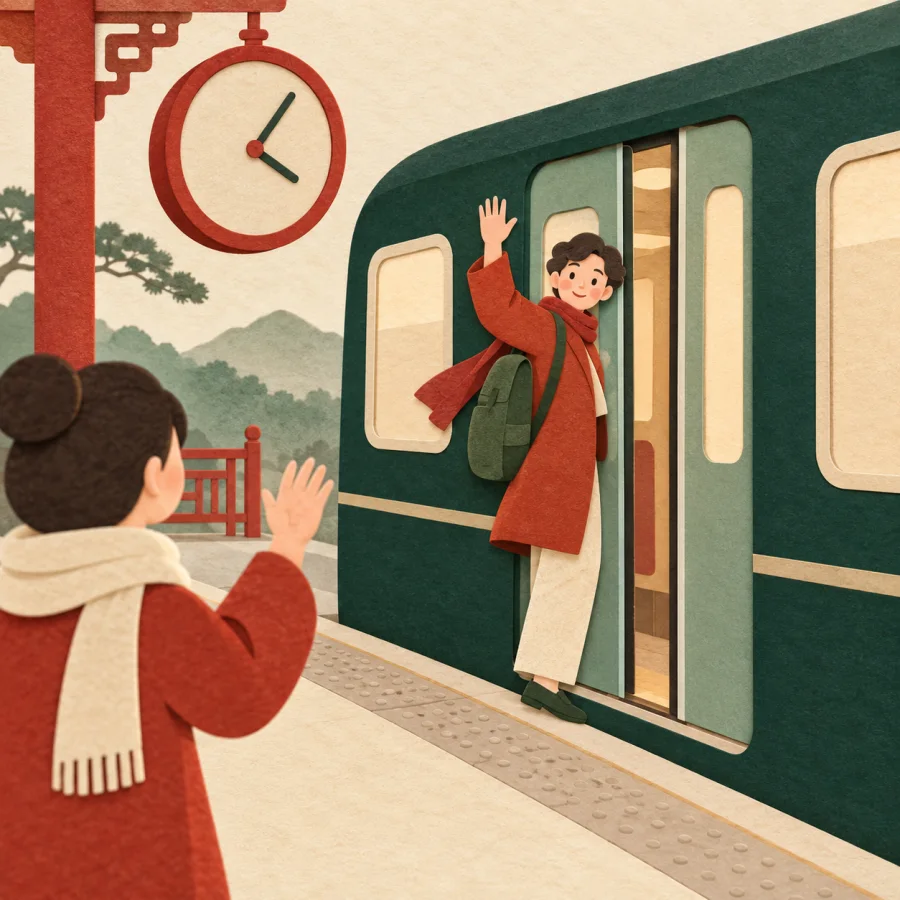 A person waves goodbye beside a closing train door on a platform
