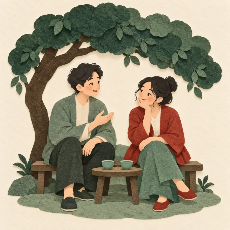Two friends talk closely on a bench under a tree